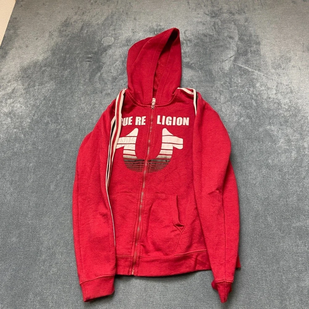 True Religion Hoodie Mens Large Red Fleece Lined Full Zip Graphic Print Winter